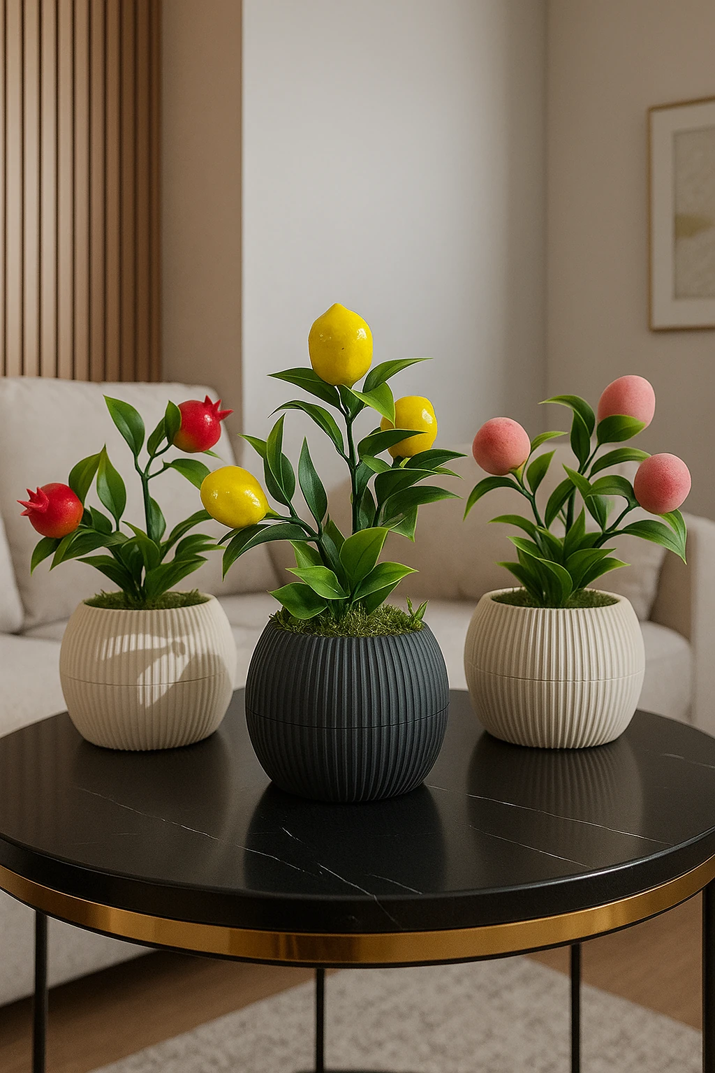 3ü 1 Arada Nar Şeftali Limon Mini Saksıda Yapay Meyve Ağacı