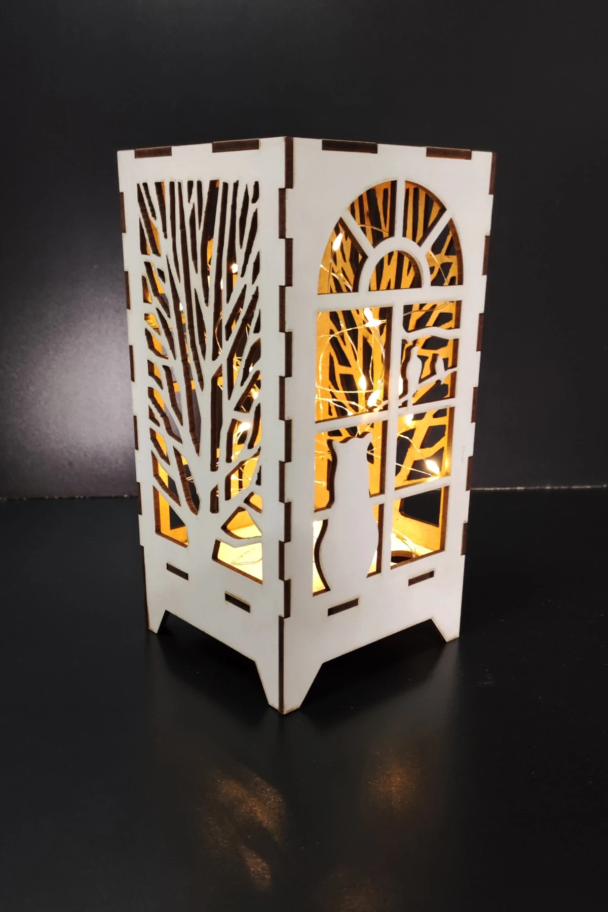 Lazer Kesim Beyaz Masa Lambası Dekoratif Mini Ahşap Abajur Pilli Peri Led 20x10