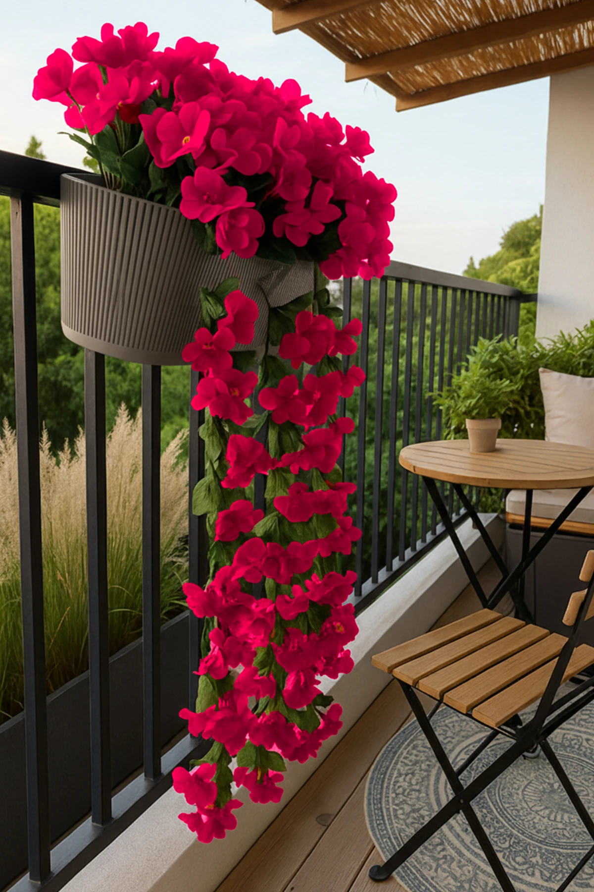 Plastik Balkon Saksıda Taş Yosunlu Begonvil Çiçek Menekşe Sarmaşık Çiçeği Sarkan Cafe