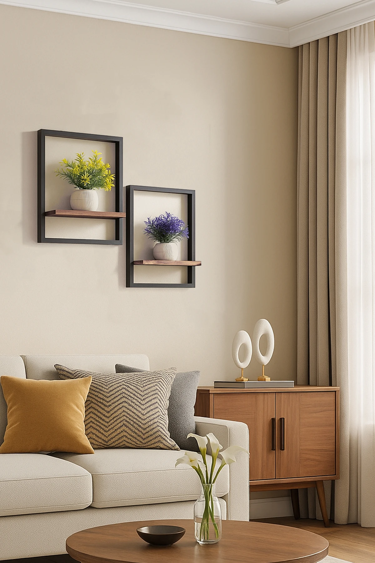 2' Li Dekoratif Siyah Ahşap Çerçeveli Raf Çiçeklik, Duvar Saksılığı