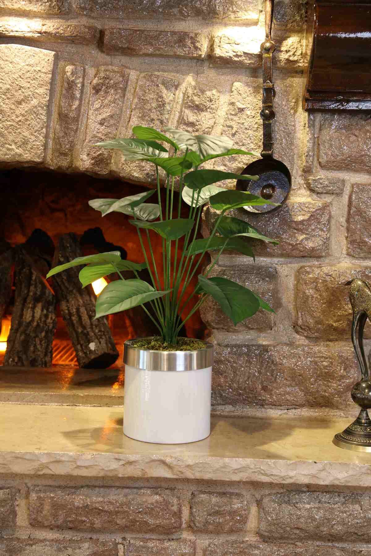 Beyaz Metal Saksılı Yapay Çiçek Büyük Boy Salon Çiçeği 80 Cm