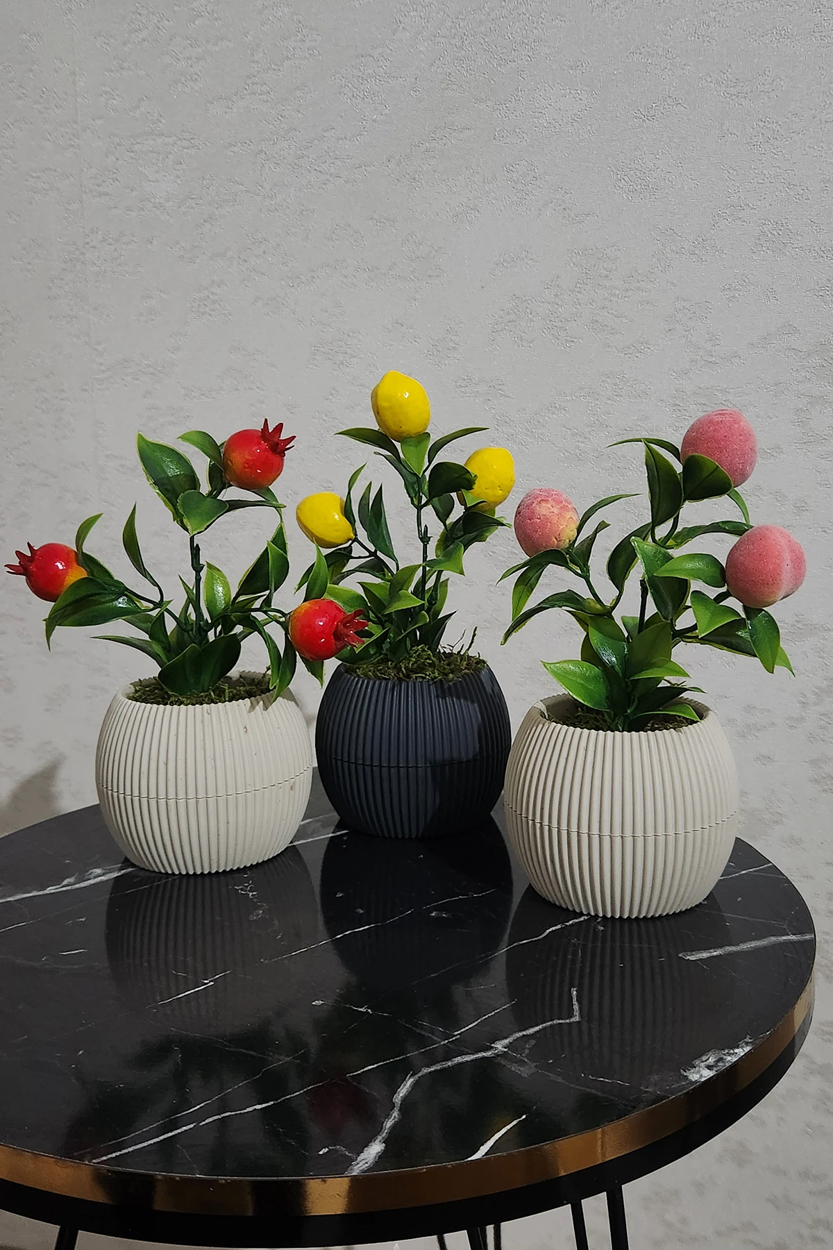 3ü 1 Arada Nar Şeftali Limon Mini Saksıda Yapay Meyve Ağacı