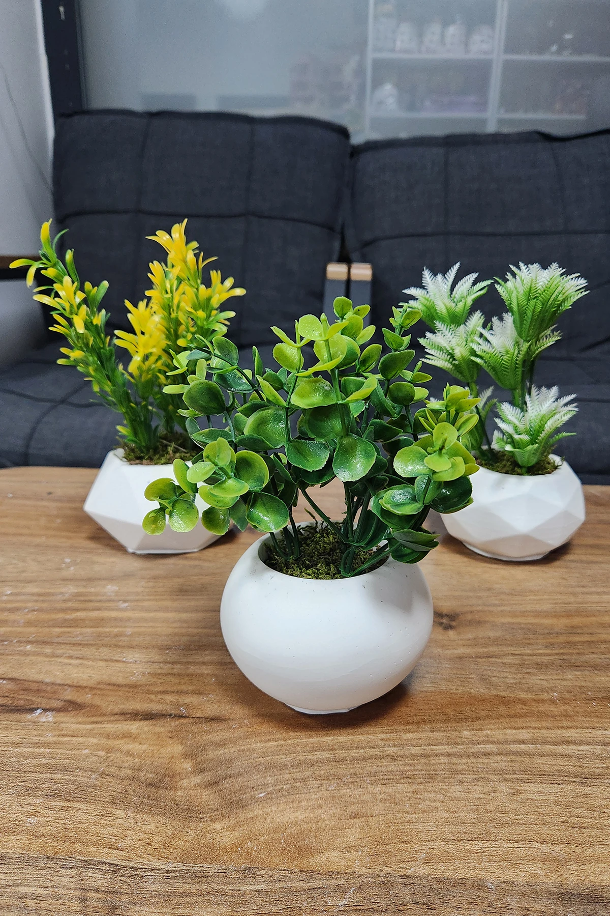 3'lü Beton Saksıda Set Saksıda Yapay Çiçek Gerçek Taş Yosunlu