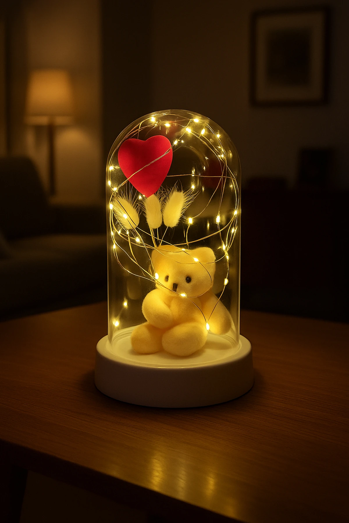 Beyaz Tabanlı Led Işıklı Sevgililer Günü Kalp Ayıcıklı Hediyelik Fanus Teraryum