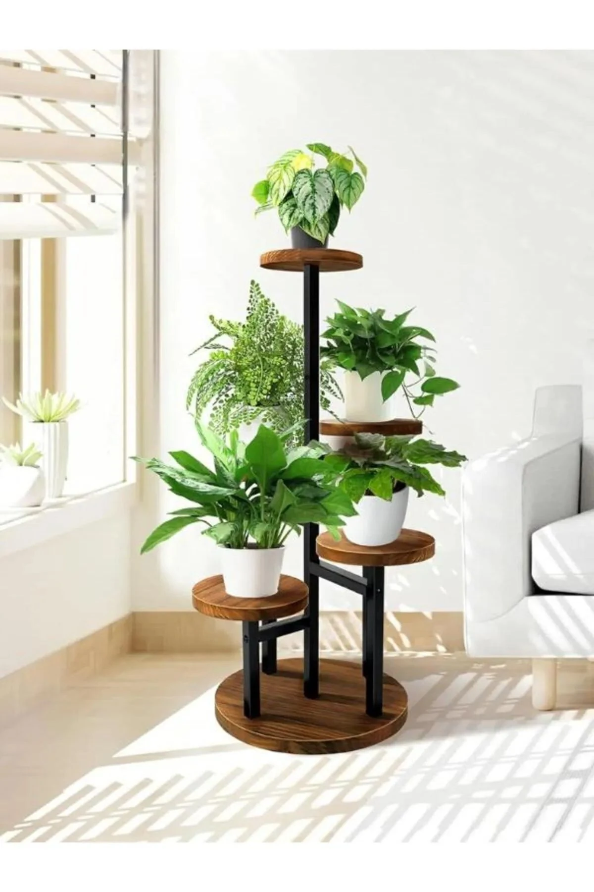 5 Raflı Saksılık Dekoratif Çiçeklik Metal Doğal Ahşap Çiçek Rafı 80 cm