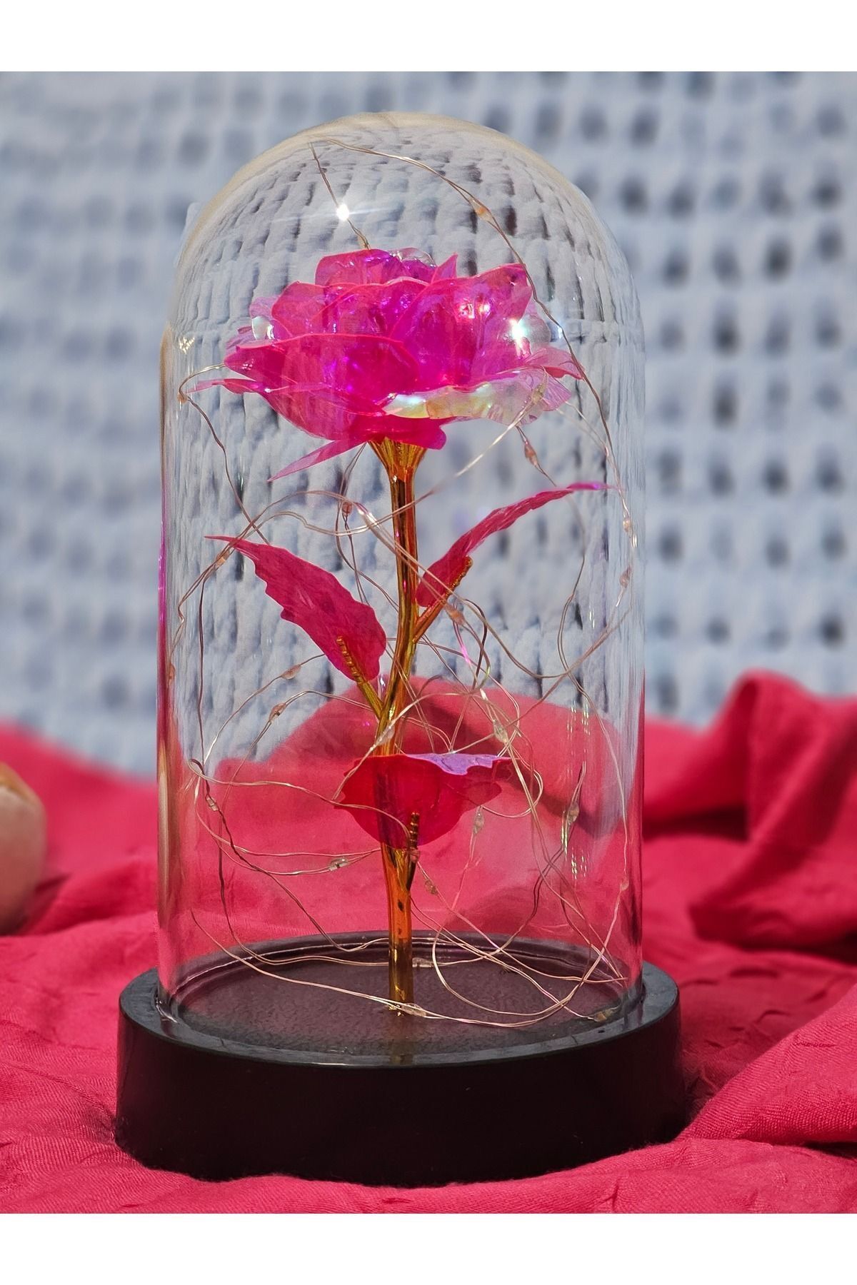 Dekoratif Pembe Peri Led Işıklı Solmayan Sonsuzluk Gülü Fanuslu Gece Lambası