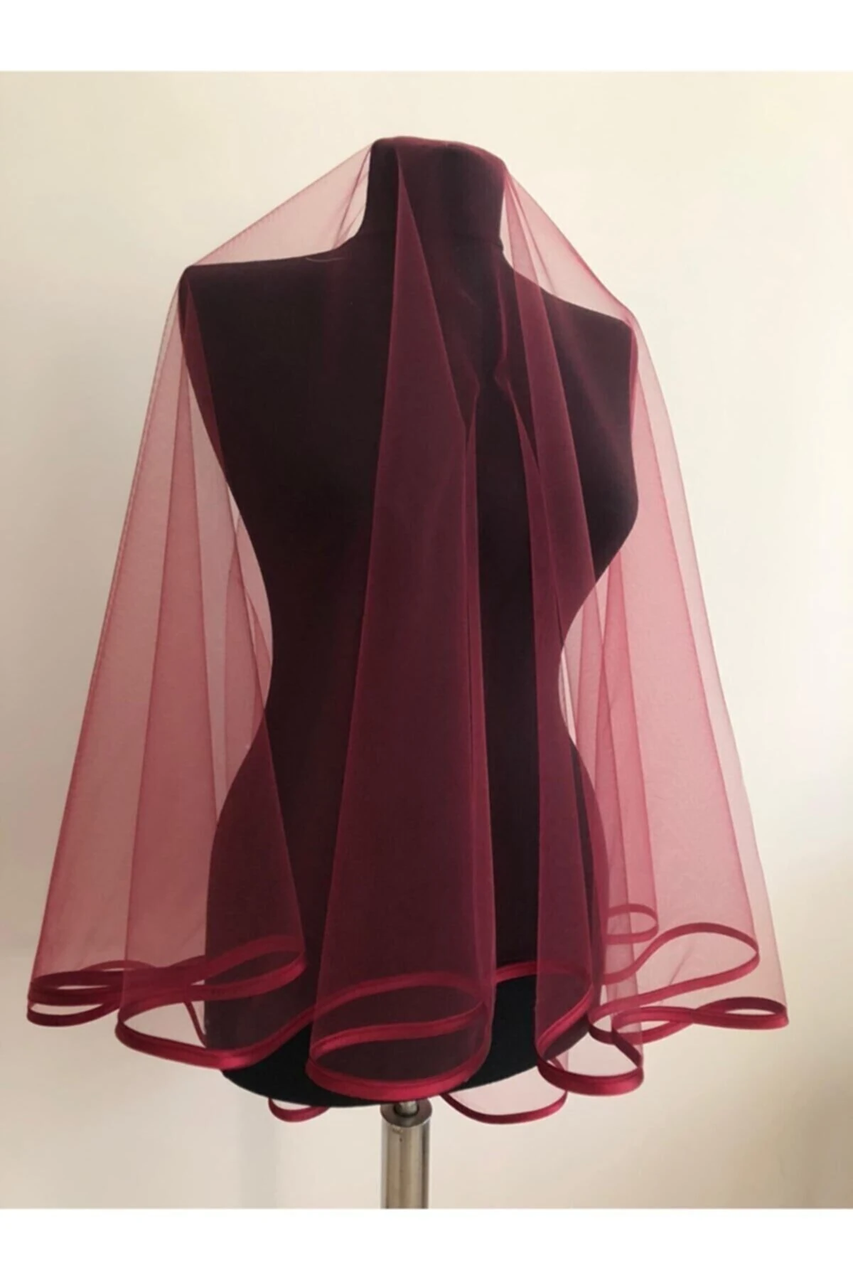 Biyeli Kına Duvağı Gelin Örtüsü Seti Bordo Sade Duvak