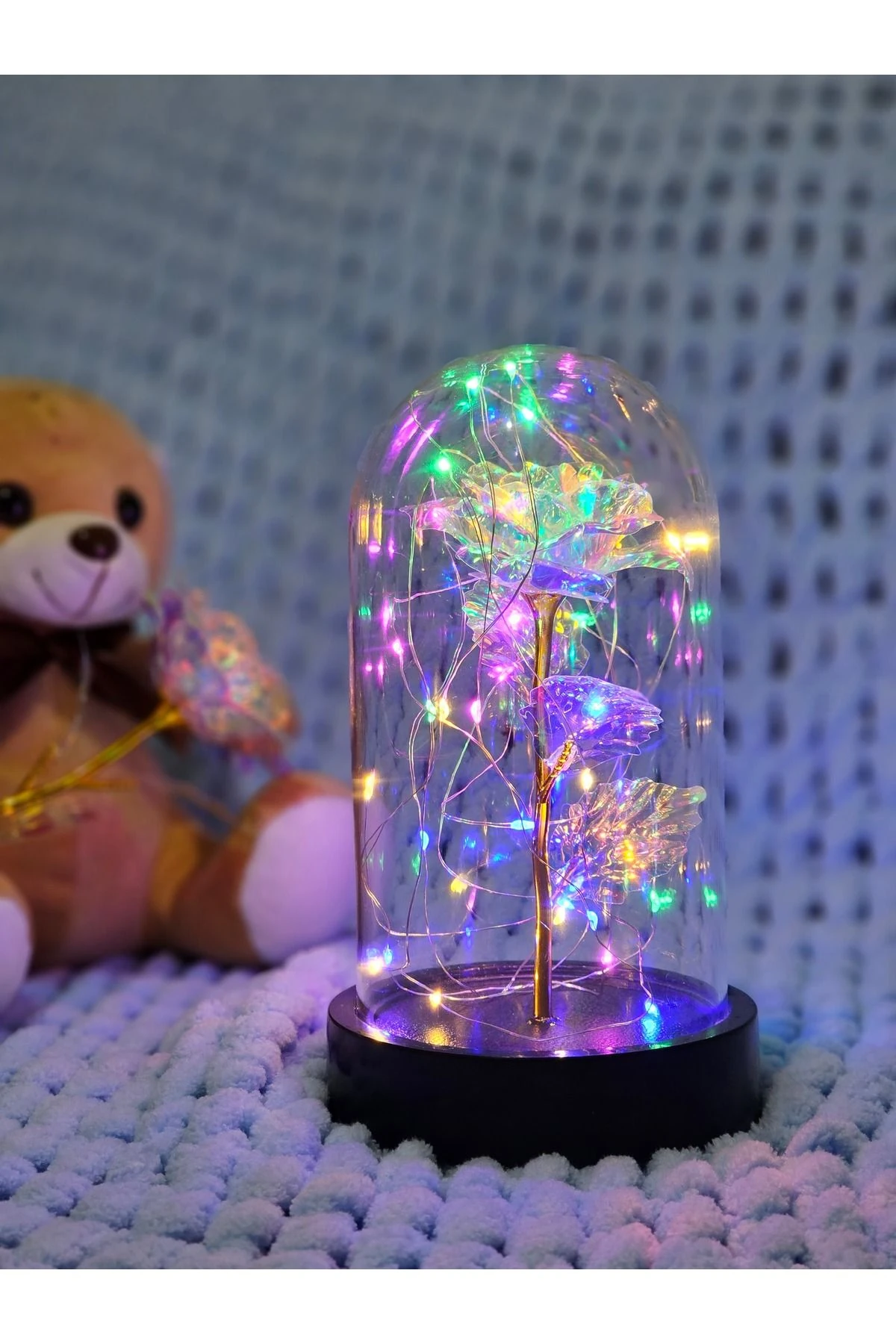 Sevgililer Günü Dekoratif Rengarenk Peri Led Işıklı Solmayan Sonsuzluk Gülü Fanuslu Gece Lambası