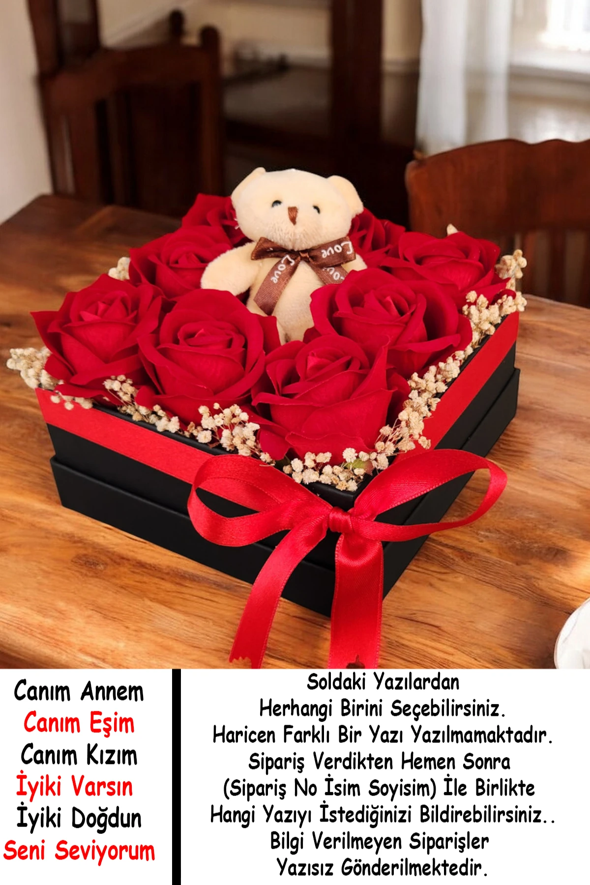 Kare Kutuda Yapay Gül Ayıcık Hediye Kutusu Sevgiliye Doğum Günü Özel Gün Hediyesi