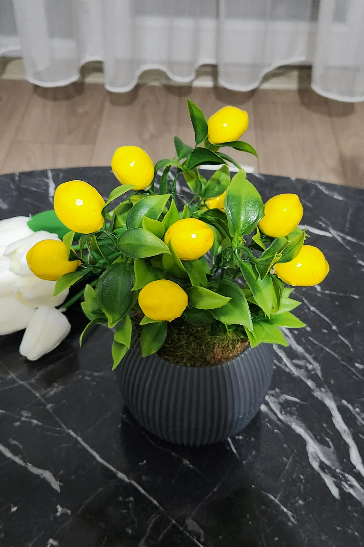Antrasit Saksıda 8-9 Meyveli Yapay Limon Ağacı
