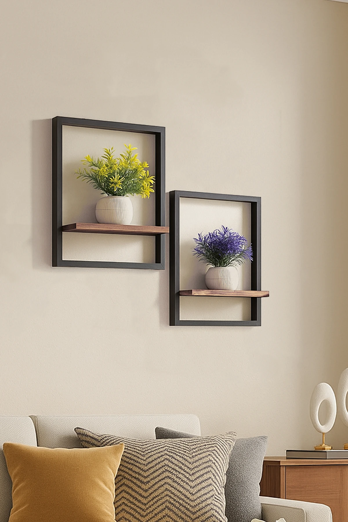 2' Li Dekoratif Siyah Ahşap Çerçeveli Raf Çiçeklik, Duvar Saksılığı