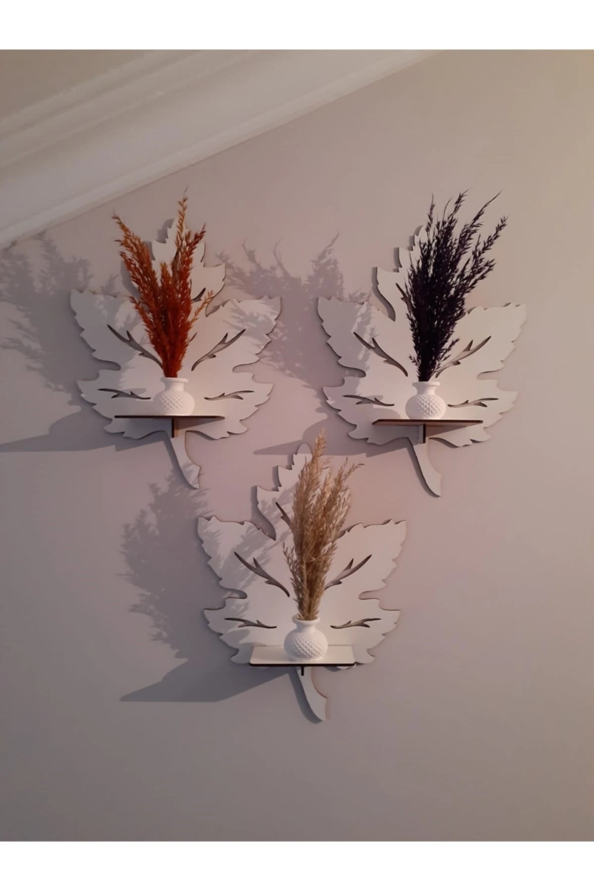 3'lü Beyaz Duvar Süsü Rafı Yaprak Mumluk Duvar Dekoru Aplik Tablo Obje