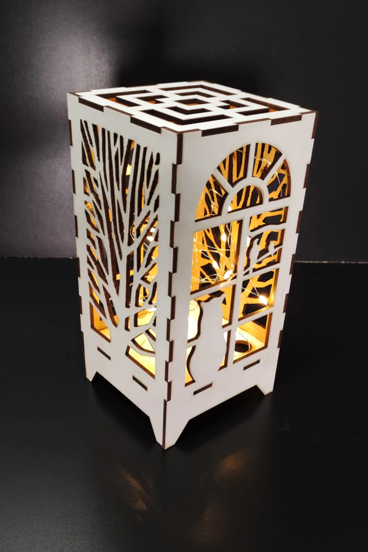 Lazer Kesim Beyaz Masa Lambası Dekoratif Mini Ahşap Abajur Pilli Peri Led 20x10