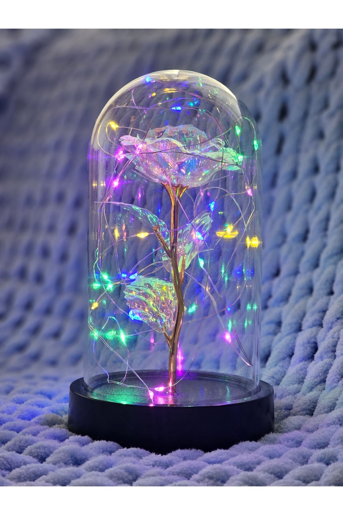 Sevgililer Günü Dekoratif Rengarenk Peri Led Işıklı Solmayan Sonsuzluk Gülü Fanuslu Gece Lambası