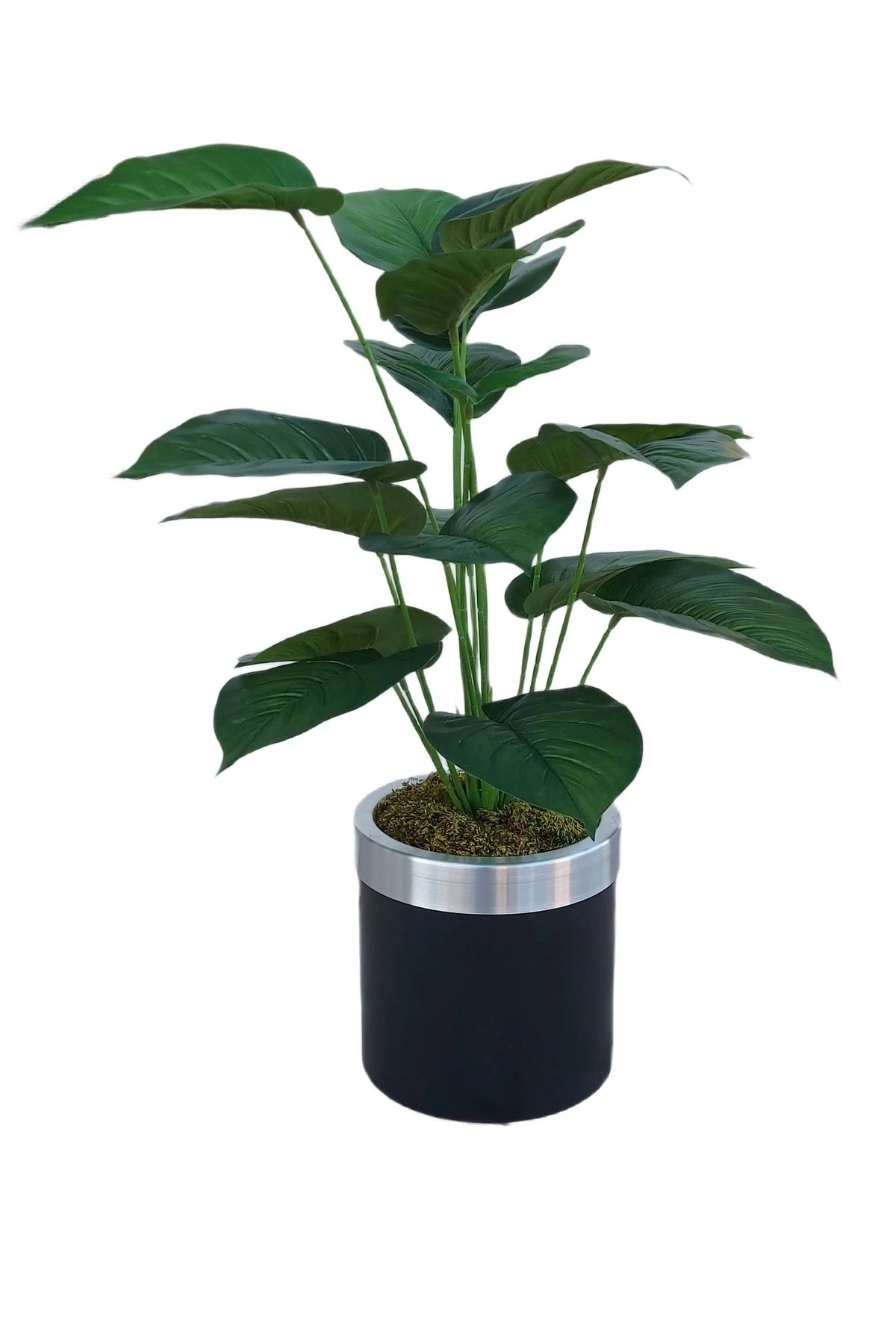 Siyah Metal Saksılı 18 Dal Difenbahya Yaprağı Yapay Çiçek Büyük Boy Salon Çiçeği 70-80 Cm