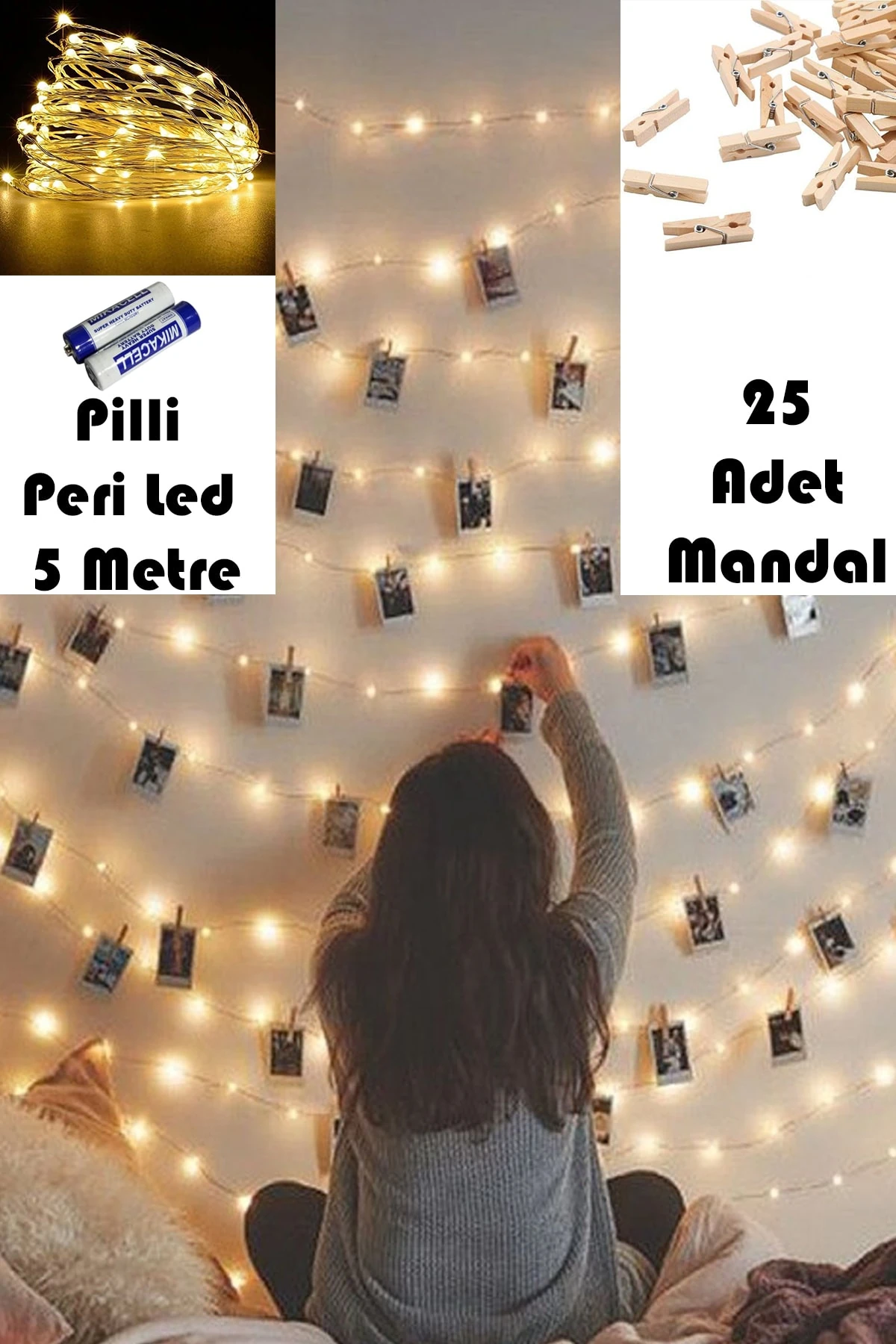 Peri Led Işık Piller Dahil 5 Metre Gün Işığı 50 Ledli +25 Adet Mini Mandal