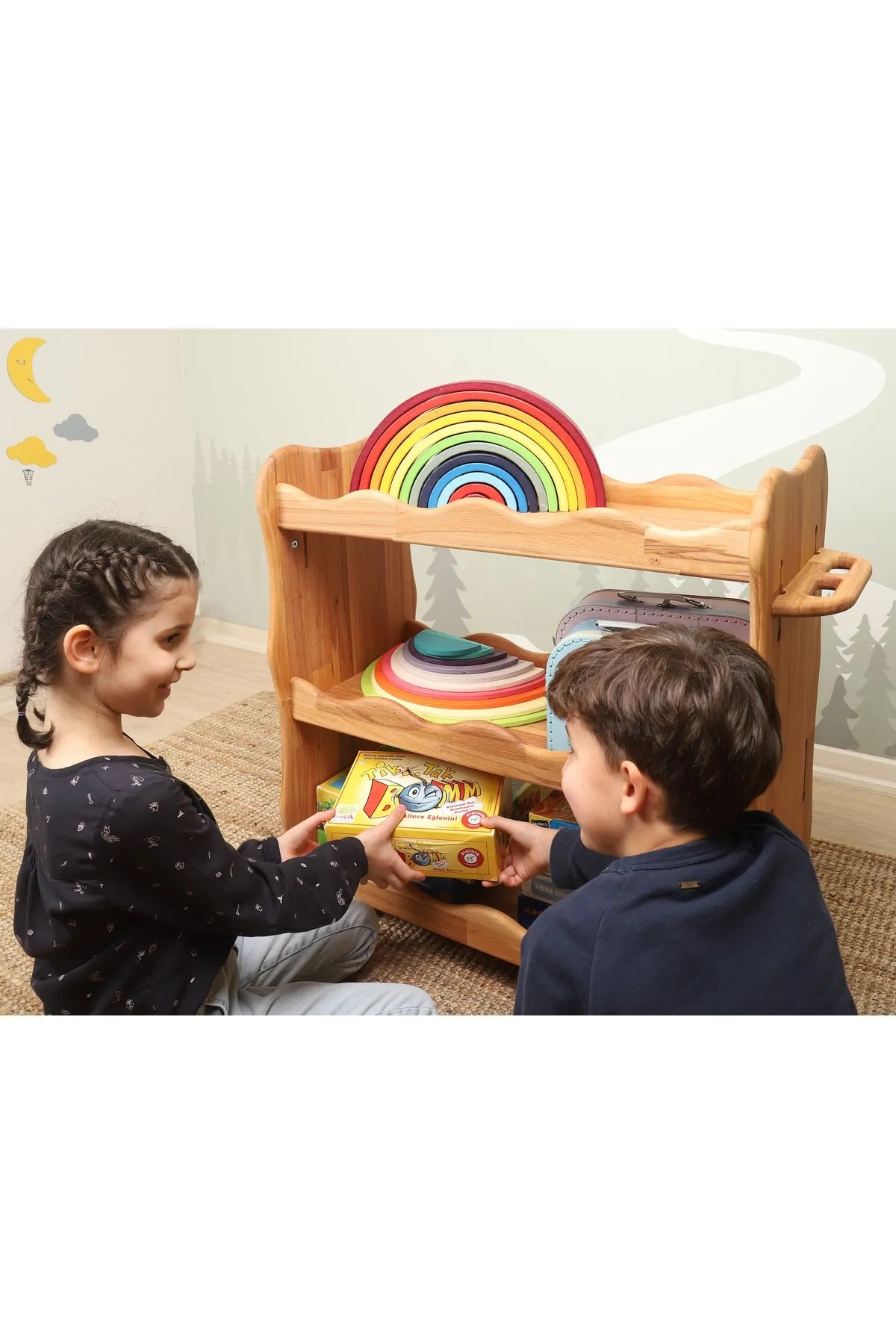 Puu Doğal Ahşap Montessori Raf Yükseklik Ayarlı Çocuk Servis Arabası