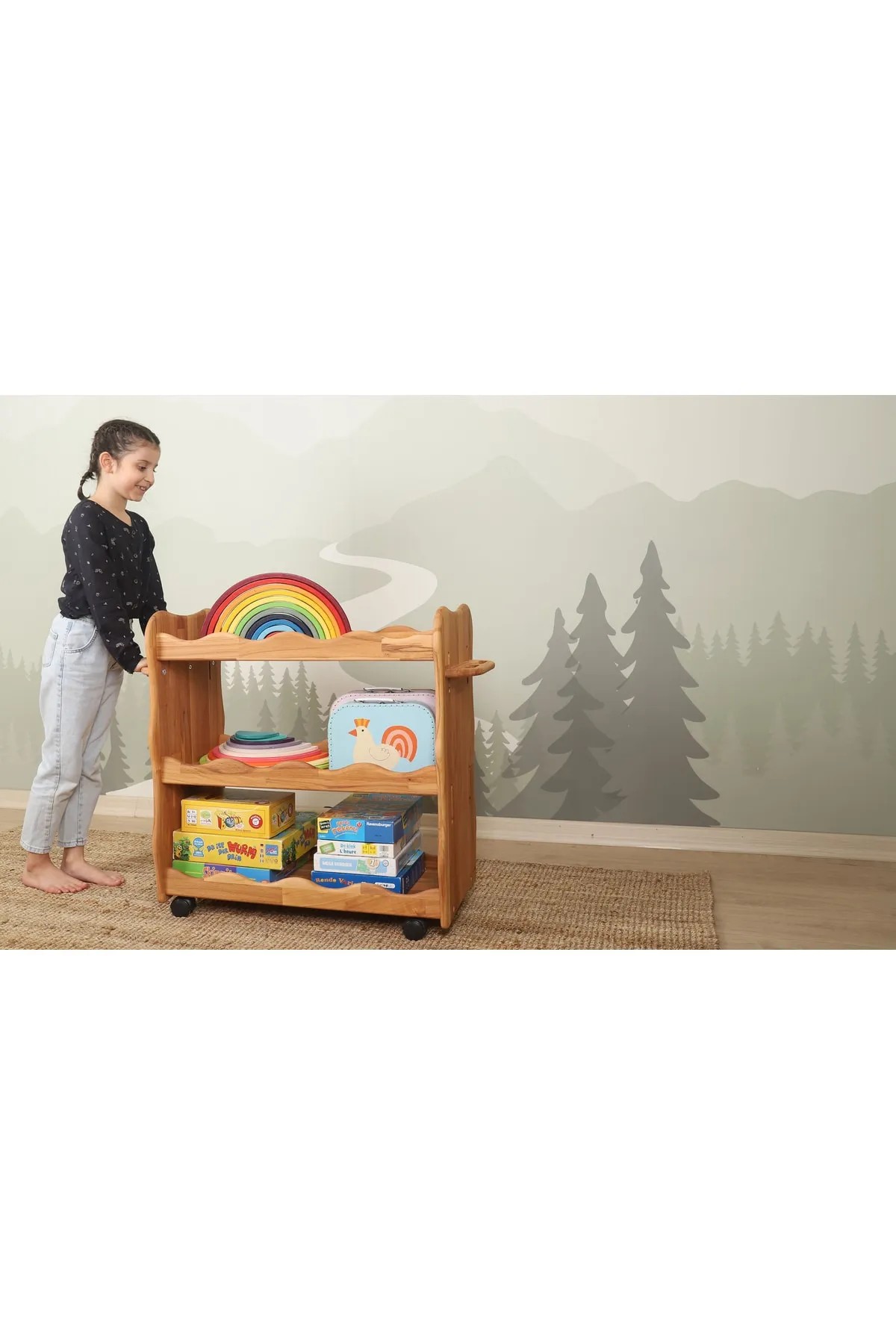 Puu Doğal Ahşap Montessori Raf Yükseklik Ayarlı Çocuk Servis Arabası
