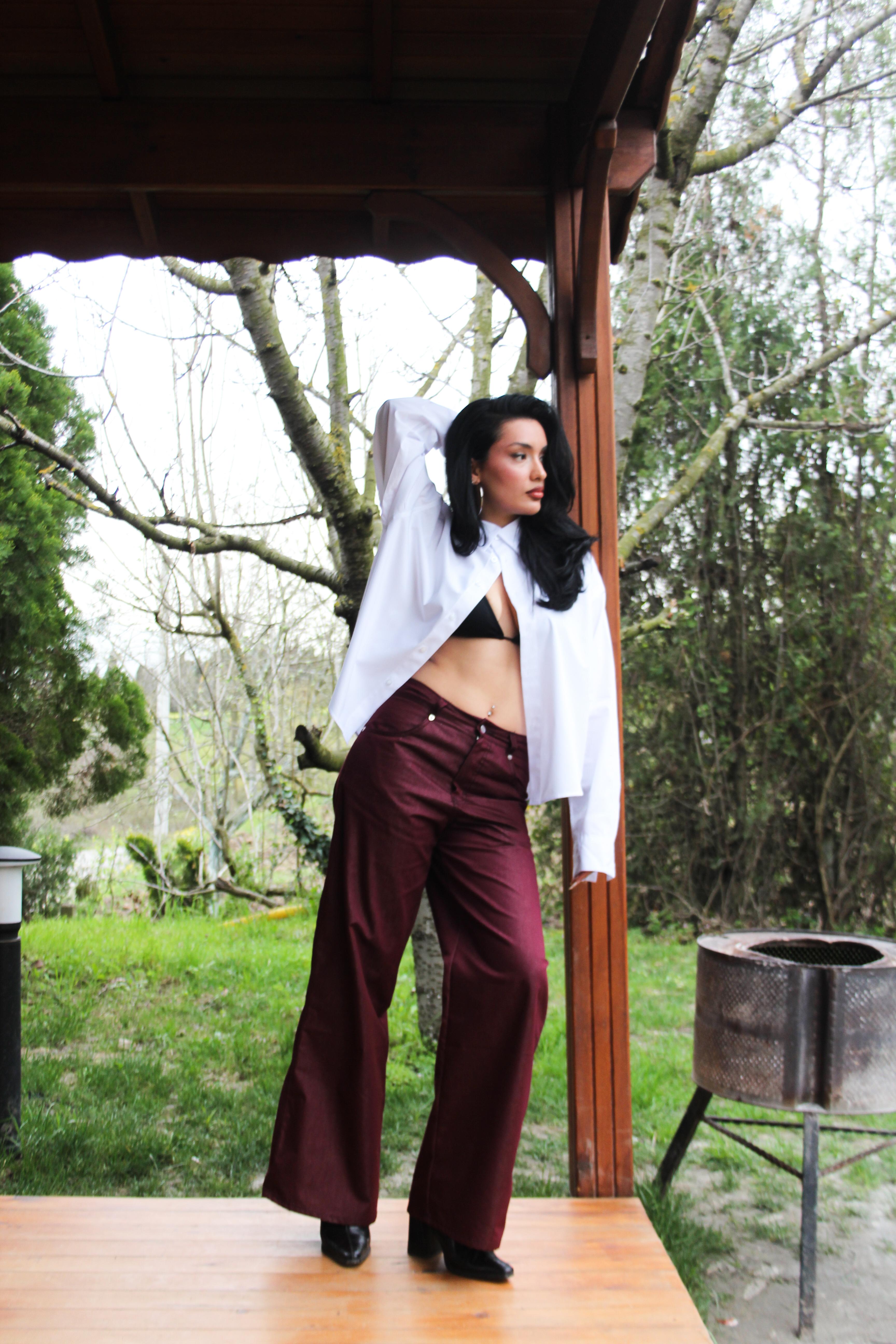 Bordo Yüksek Bel Pantolon