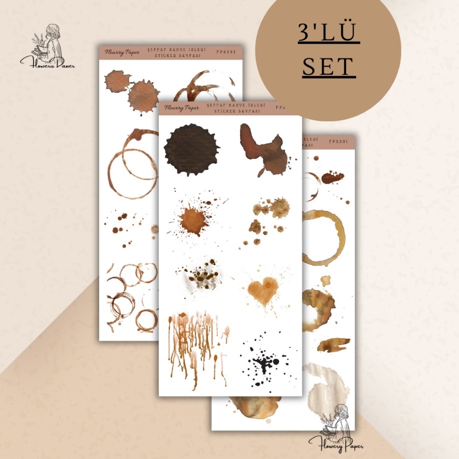 3lü Kahve Lekeleri Sticker seti . şeffaf