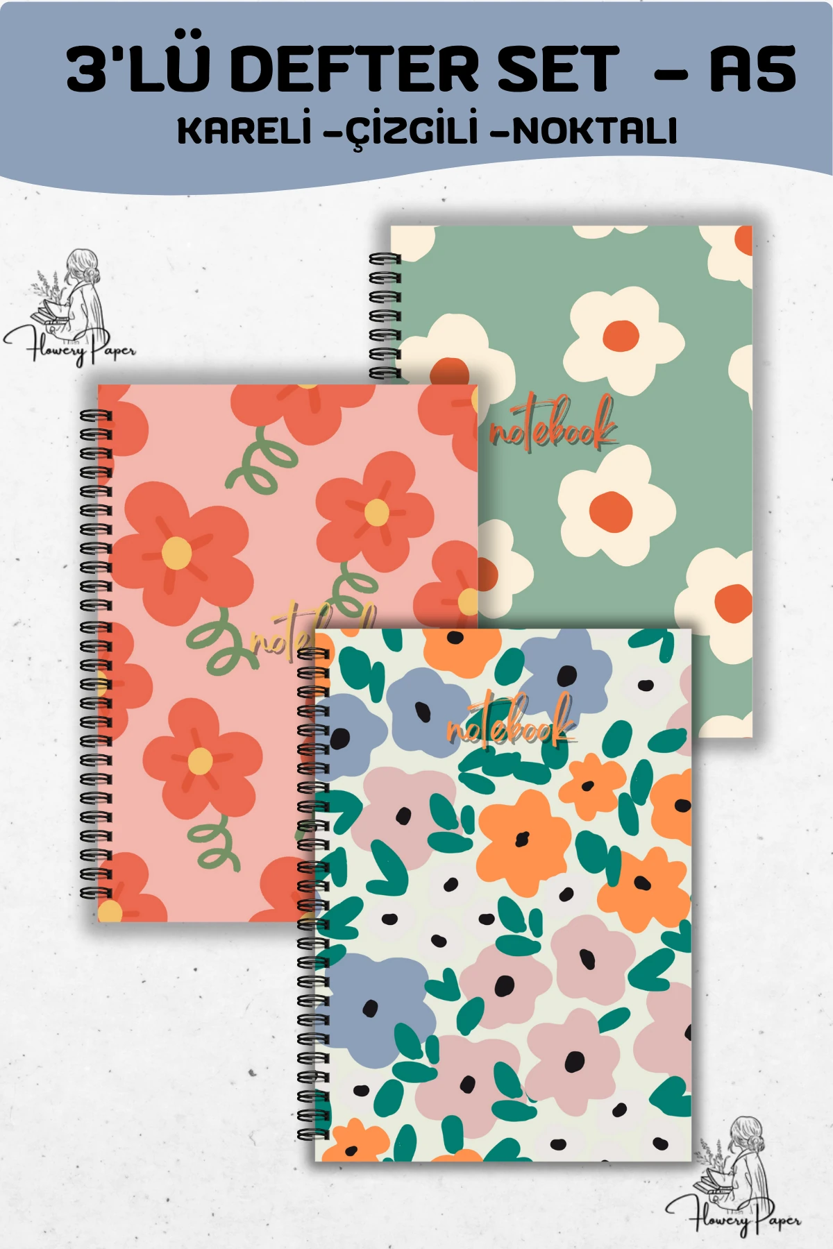 Çiçek 2 - 3'lü Telli Defter Seti - Tekli şeçeneklerden Seçiniz