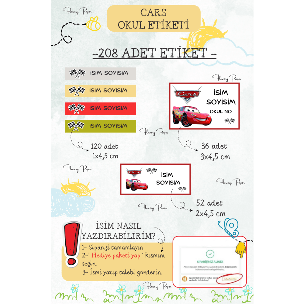 Arabalar Okul Etiketi - 208 adet