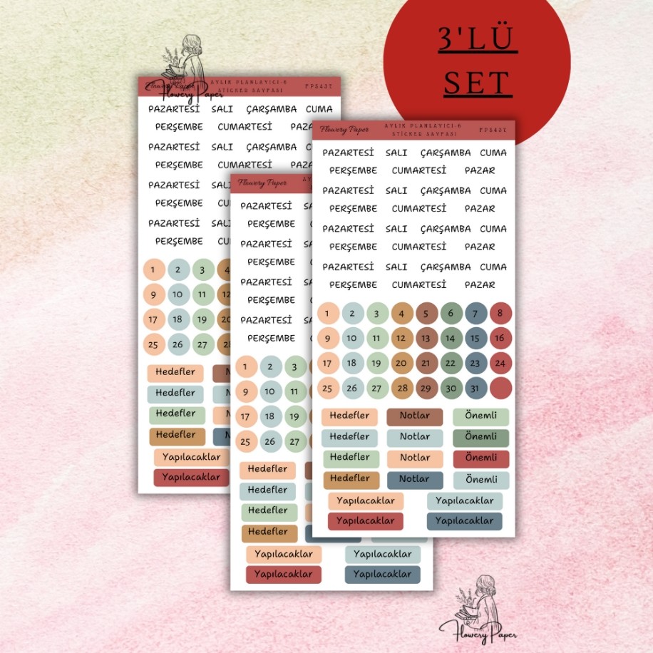 3lü Aylık Planlayici Sticker Set , Bordo renk model 2