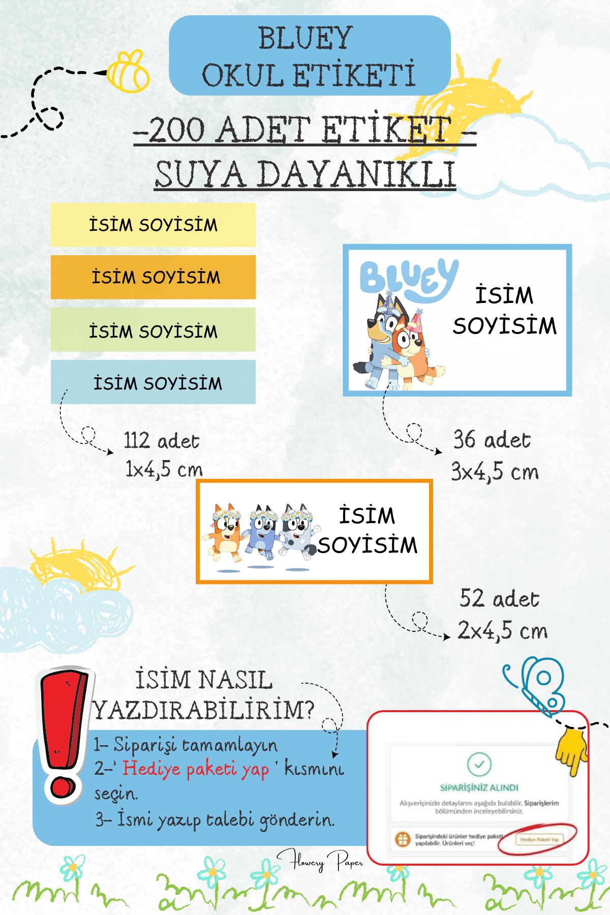 Okul Etiketleri ,Model Seçiniz ,Suya dayanıklı - 200 Adet  - Bluey