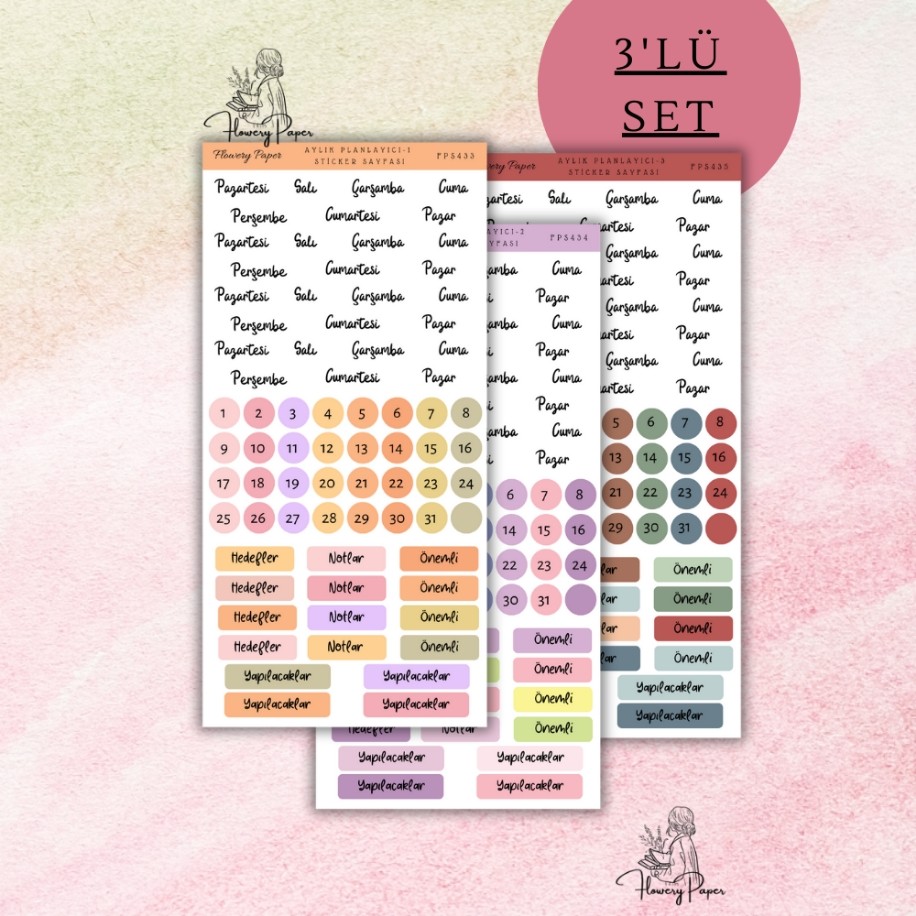 3lü Renkli Aylık Planlayici Sticker set