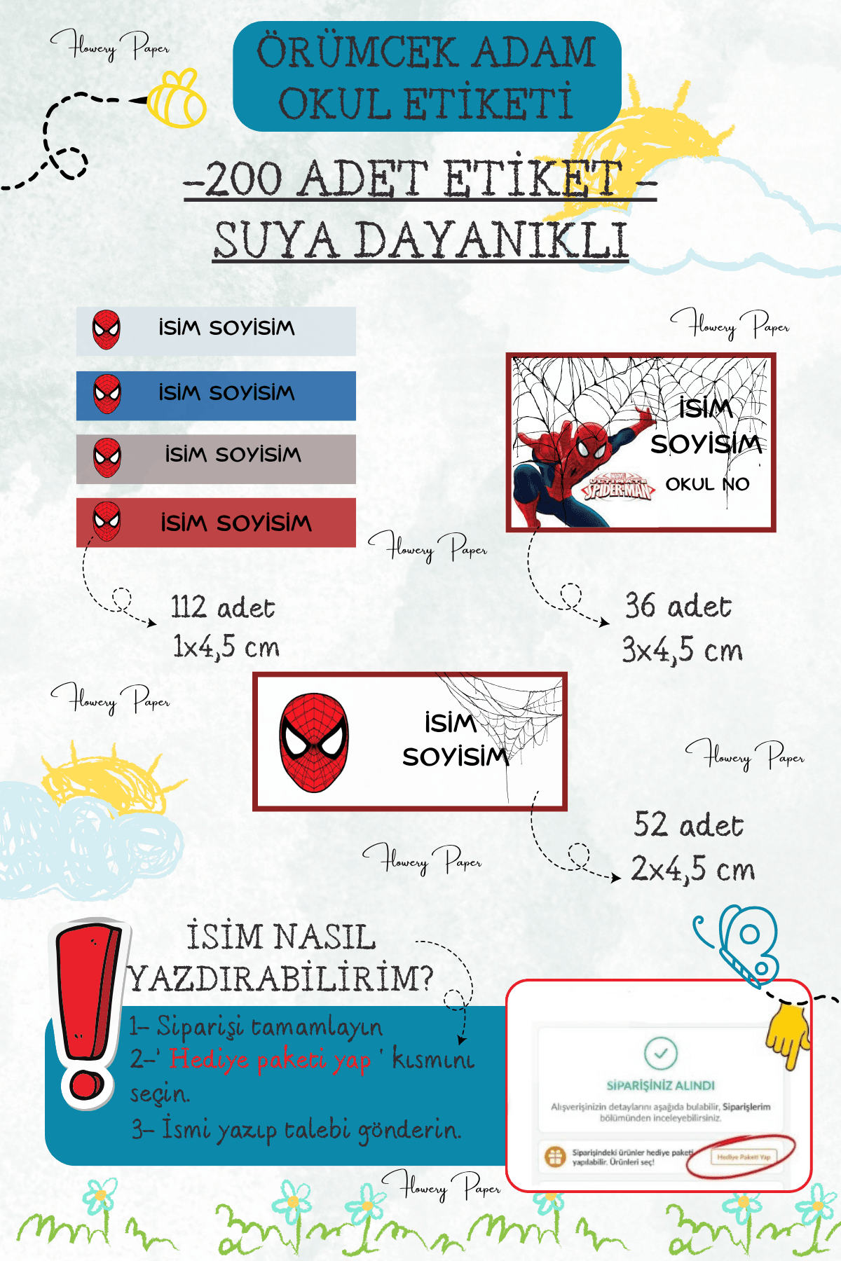 Örümcek Adam  Okul Etiketi Suya Dayanıklı - 200 Adet