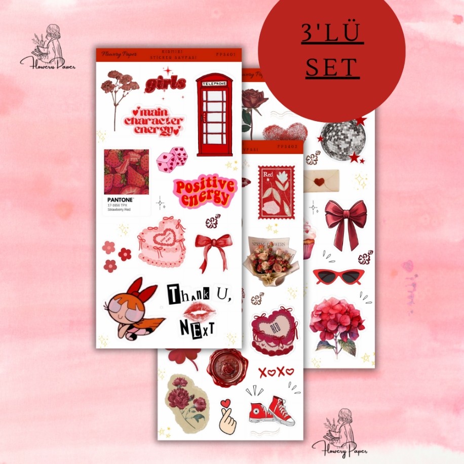 3lü Kırmızı Estetik Sticker Seti
