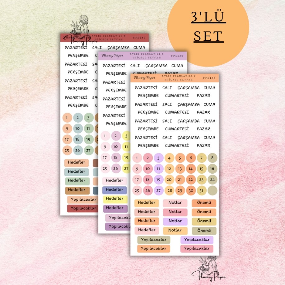 3lü Aylık Planlayici Sticker Set , Karışık renkler model 2