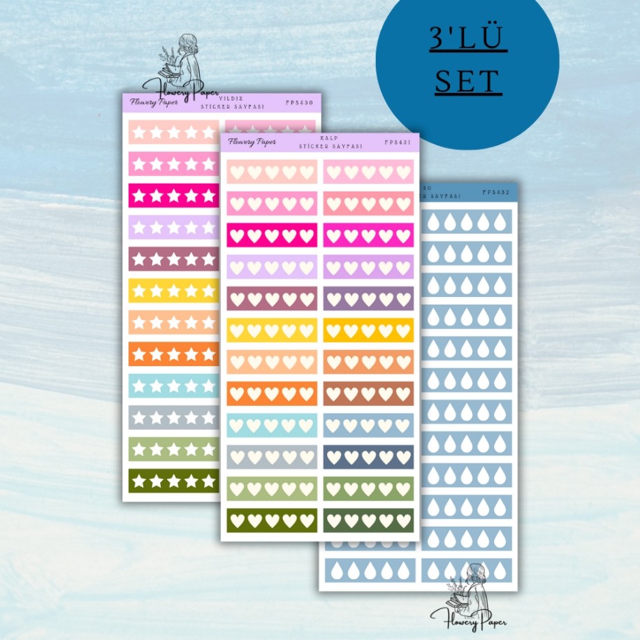 3lu Durum Sticker set ,yıldız , su ve kalp