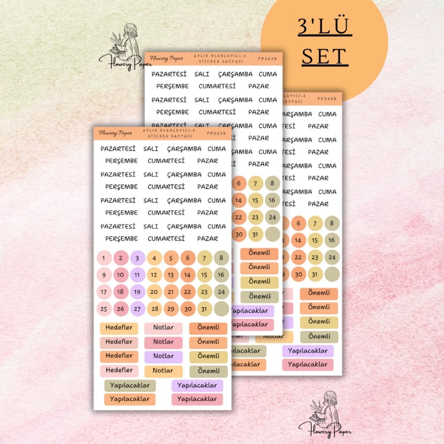 3lü Aylık Planlayici Sticker Set , Turuncu renk model 2