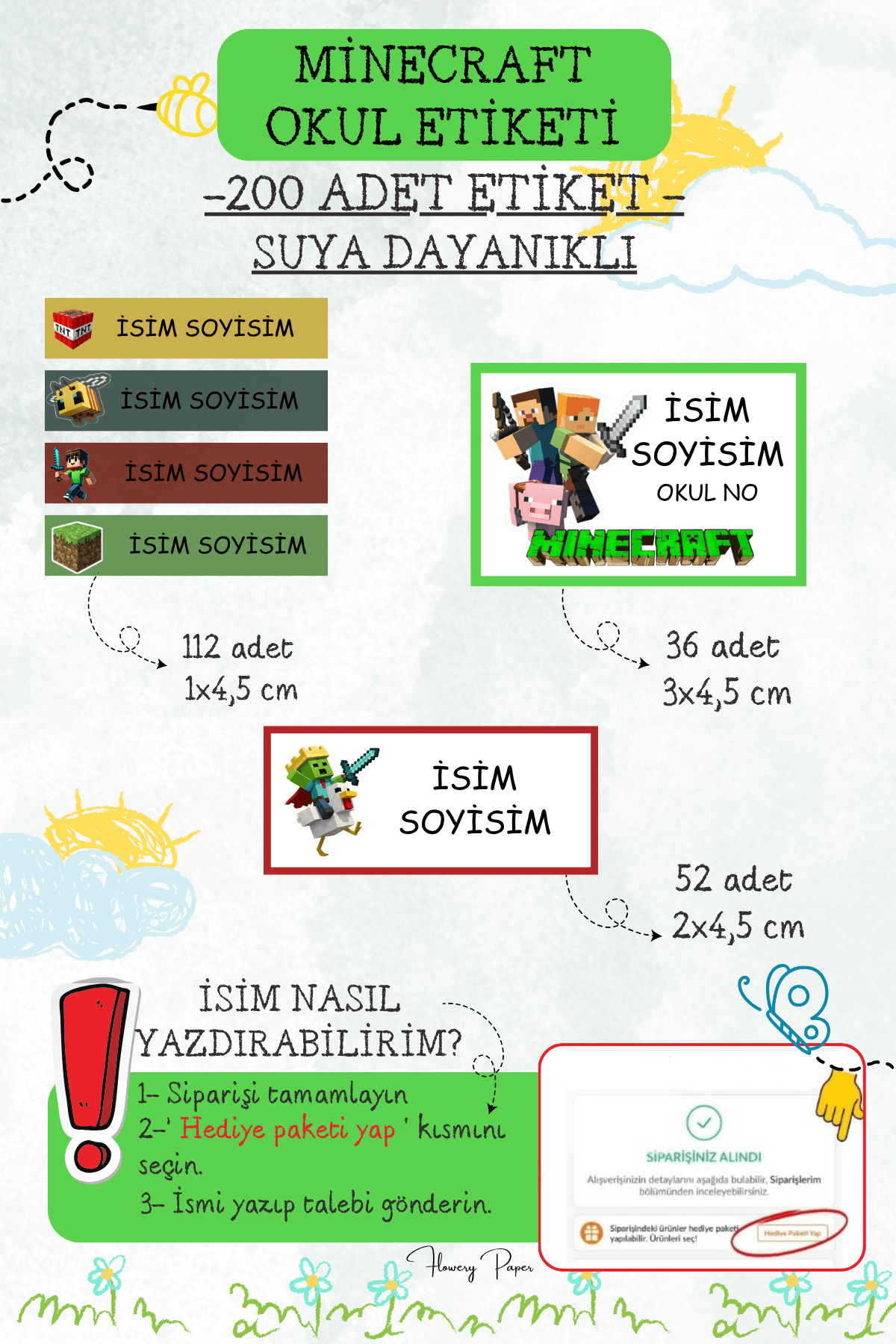 Okul Etiketleri ,Model Seçiniz ,Suya dayanıklı - 200 Adet  - Minecraft