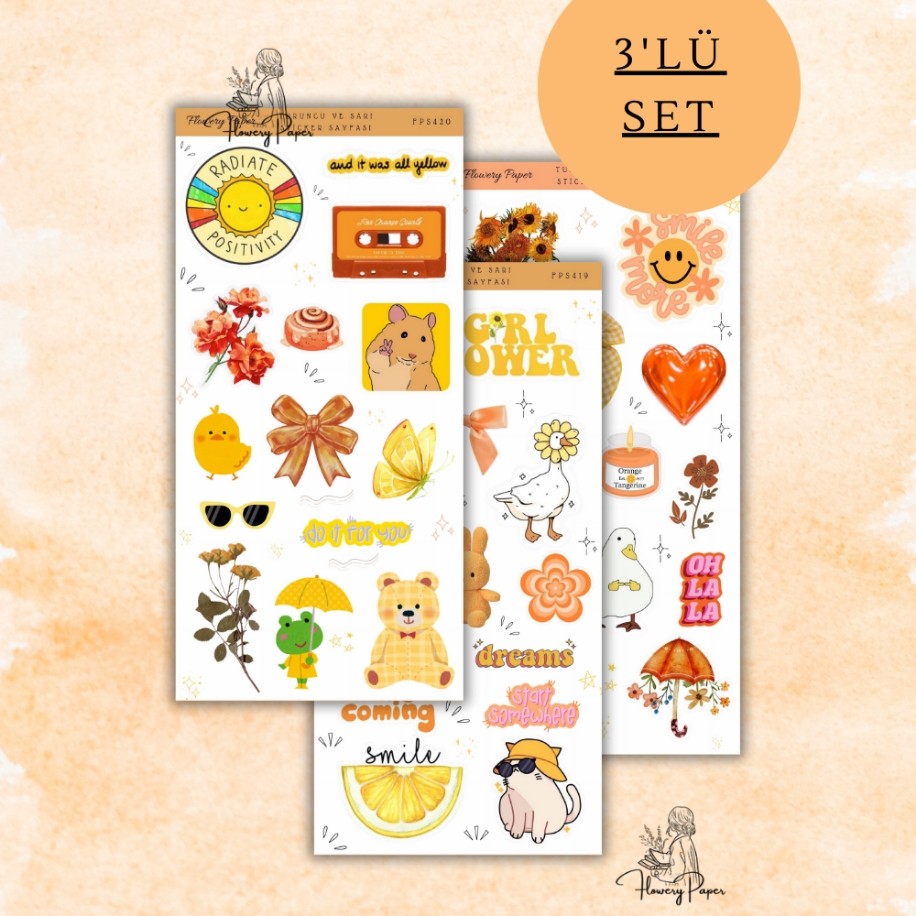3lü Turuncu ve Sarı Estetik Sticker Seti