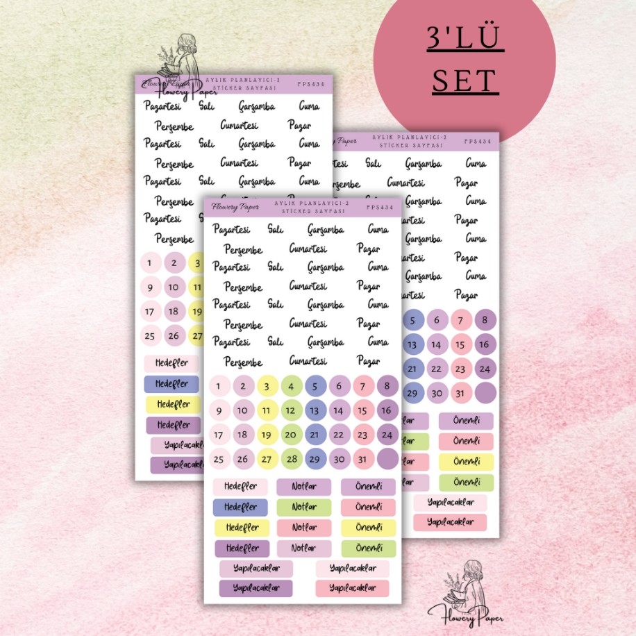 3lu Aylık Planlayici Sticker Set , Mor renk