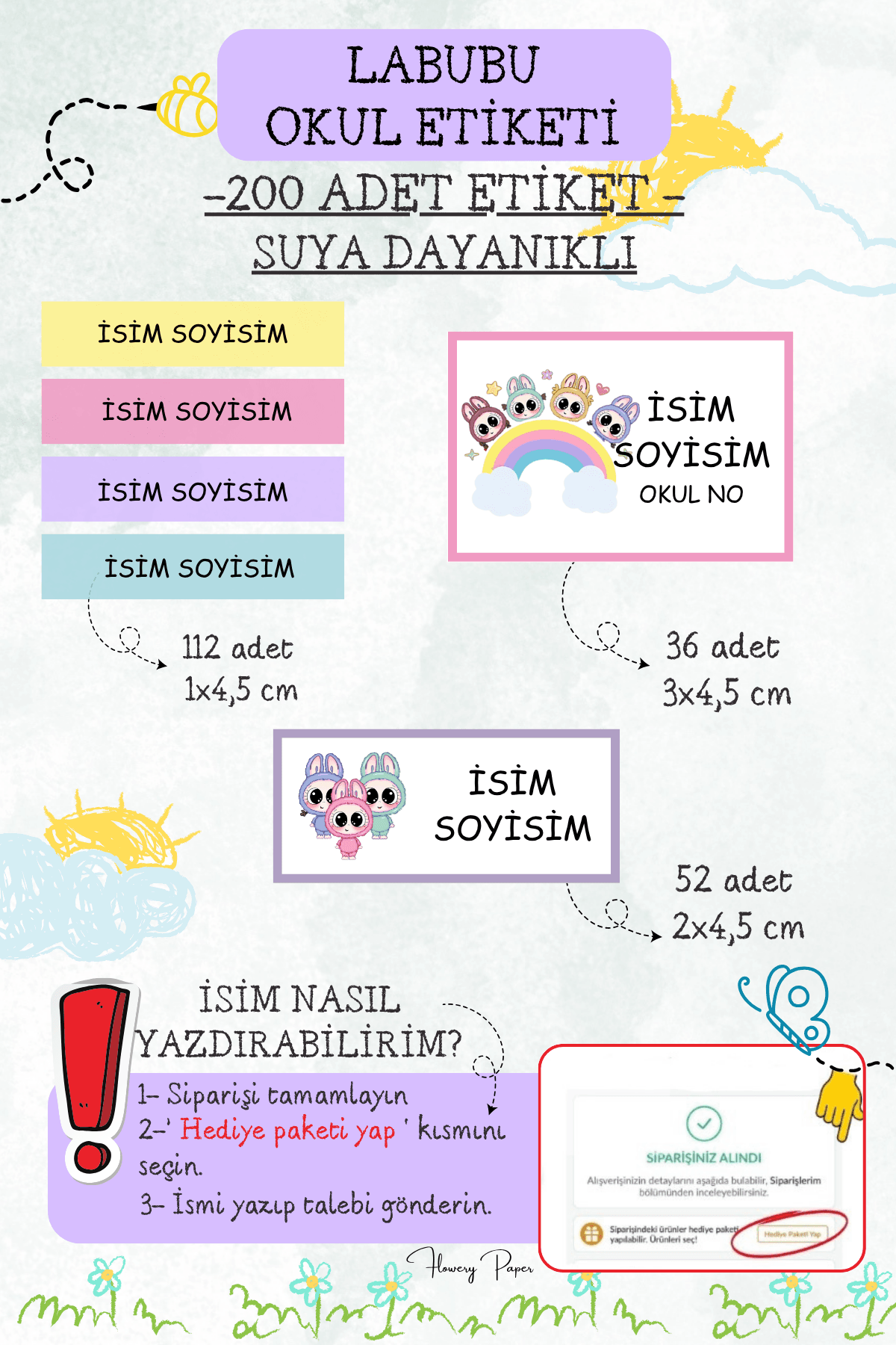 Okul Etiketleri ,Model Seçiniz ,Suya dayanıklı - 200 Adet  - labibu