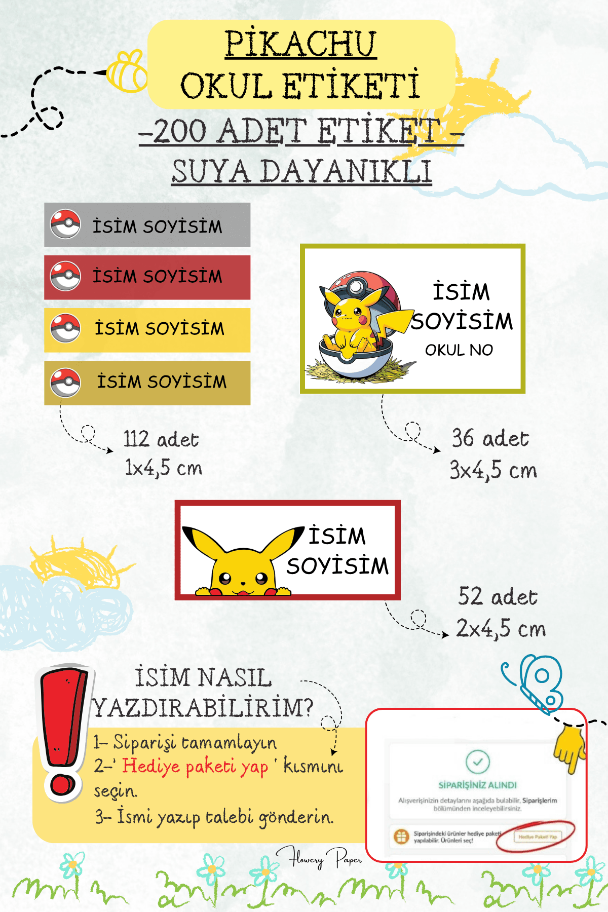 Okul Etiketleri ,Model Seçiniz ,Suya dayanıklı - 200 Adet  - picacu