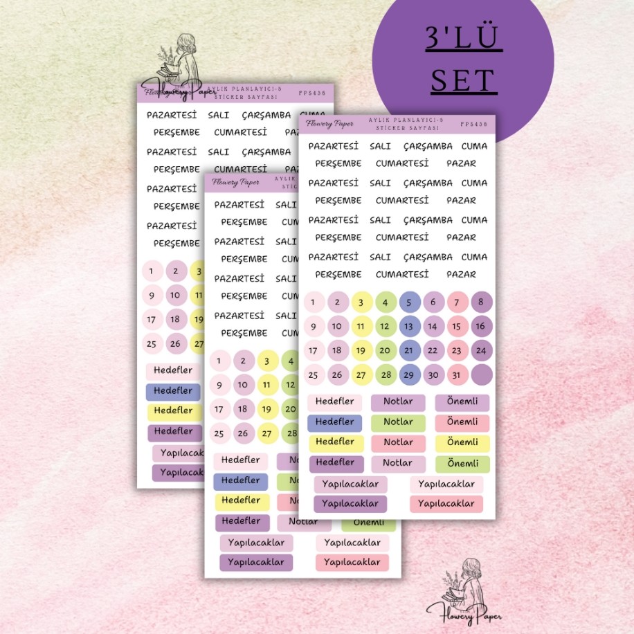 3lü Aylık Planlayici Sticker Set , Mor renk model 2