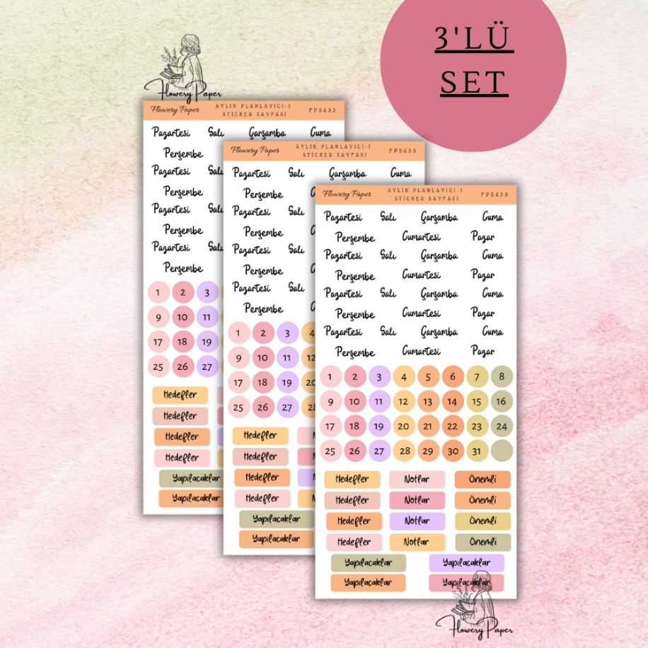 3lü Aylık Planlayici tek renk turuncu sticker set