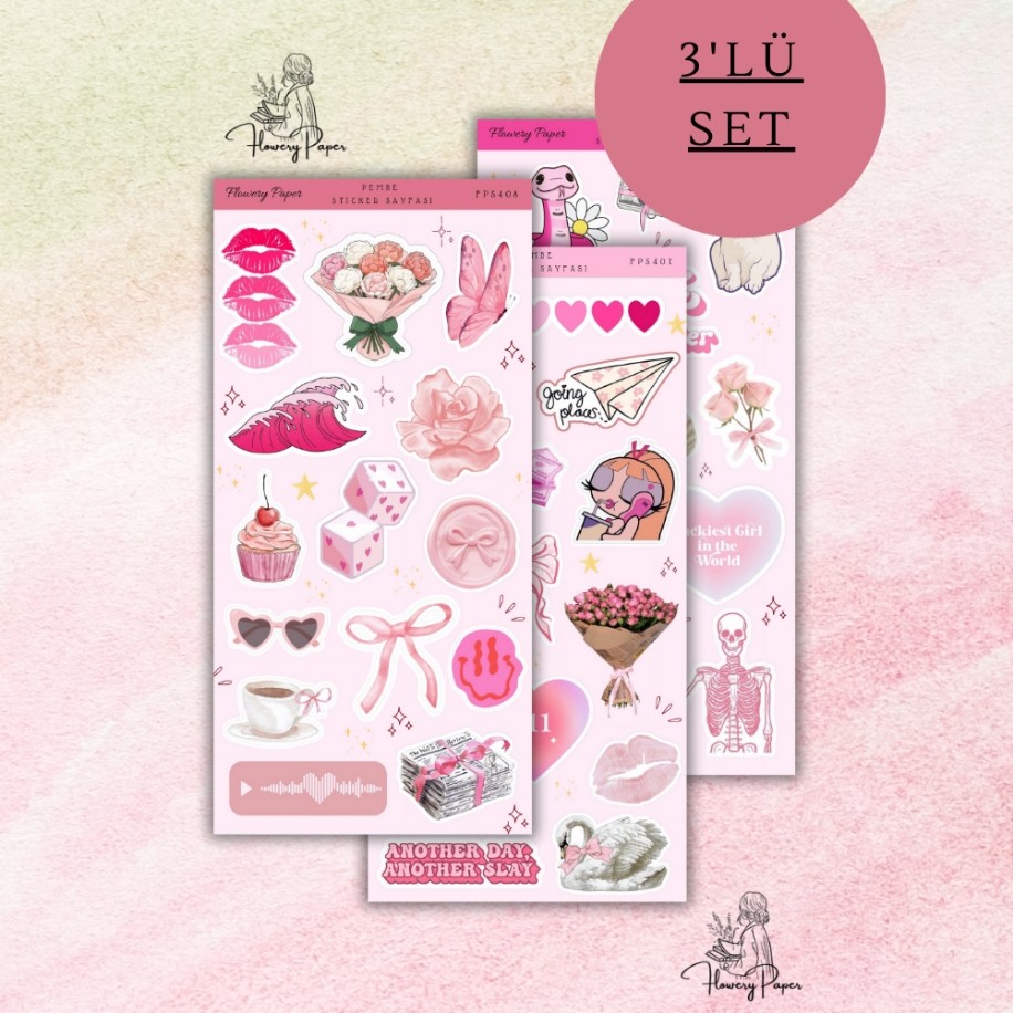 3lü Pembe Estetik Sticker Seti