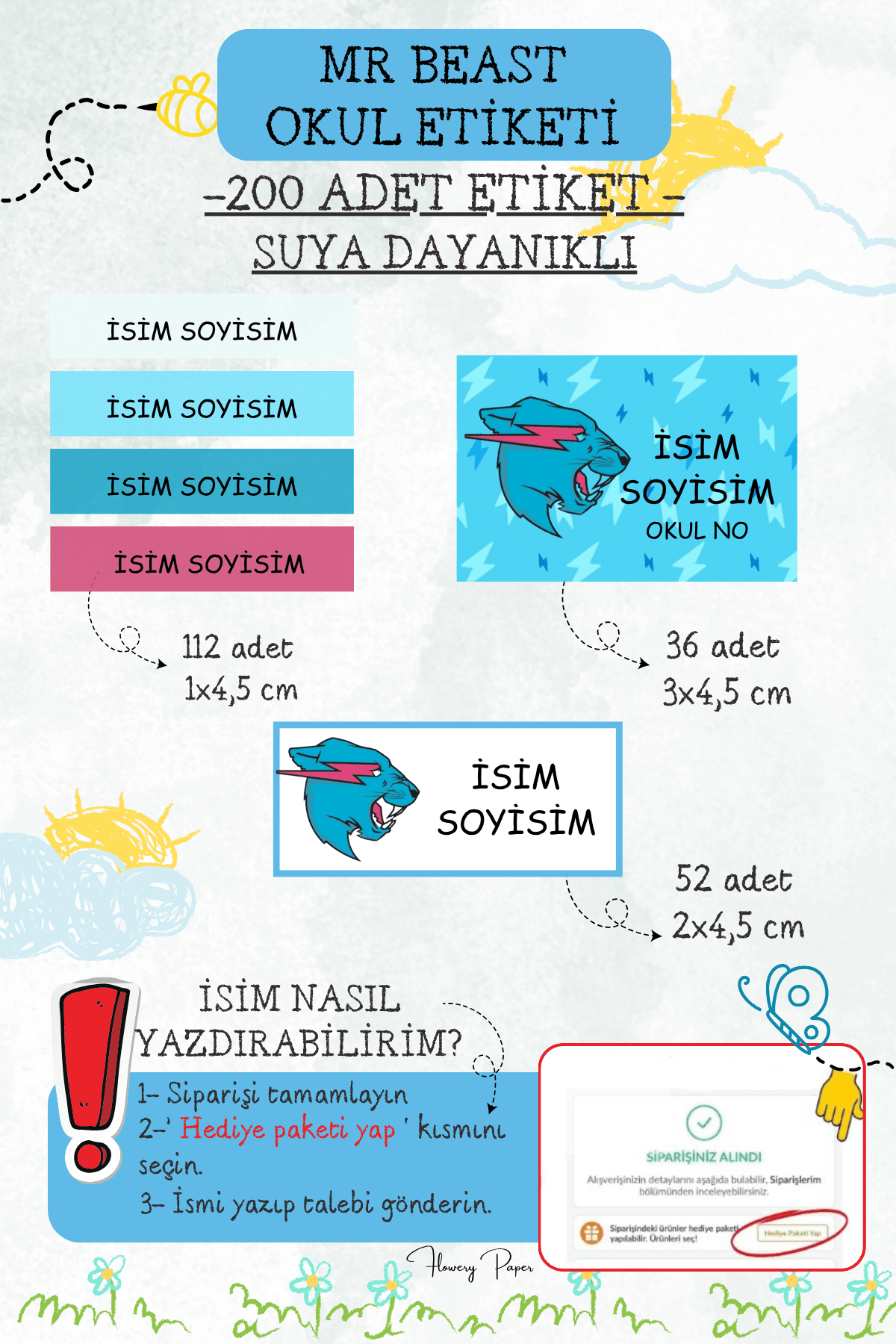 Okul Etiketleri ,Model Seçiniz ,Suya dayanıklı - 200 Adet  - Mr beast