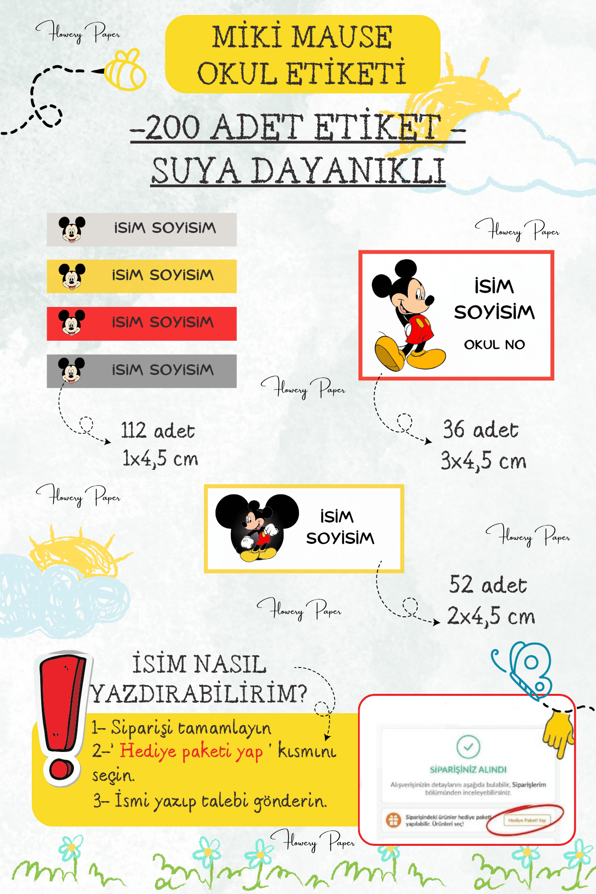 Miki Mouse Okul Etiketi suya Dayanıklı- 200 Adet