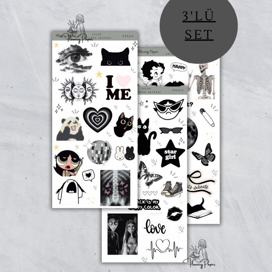 3lü Siyah Estetik Sticker Seti