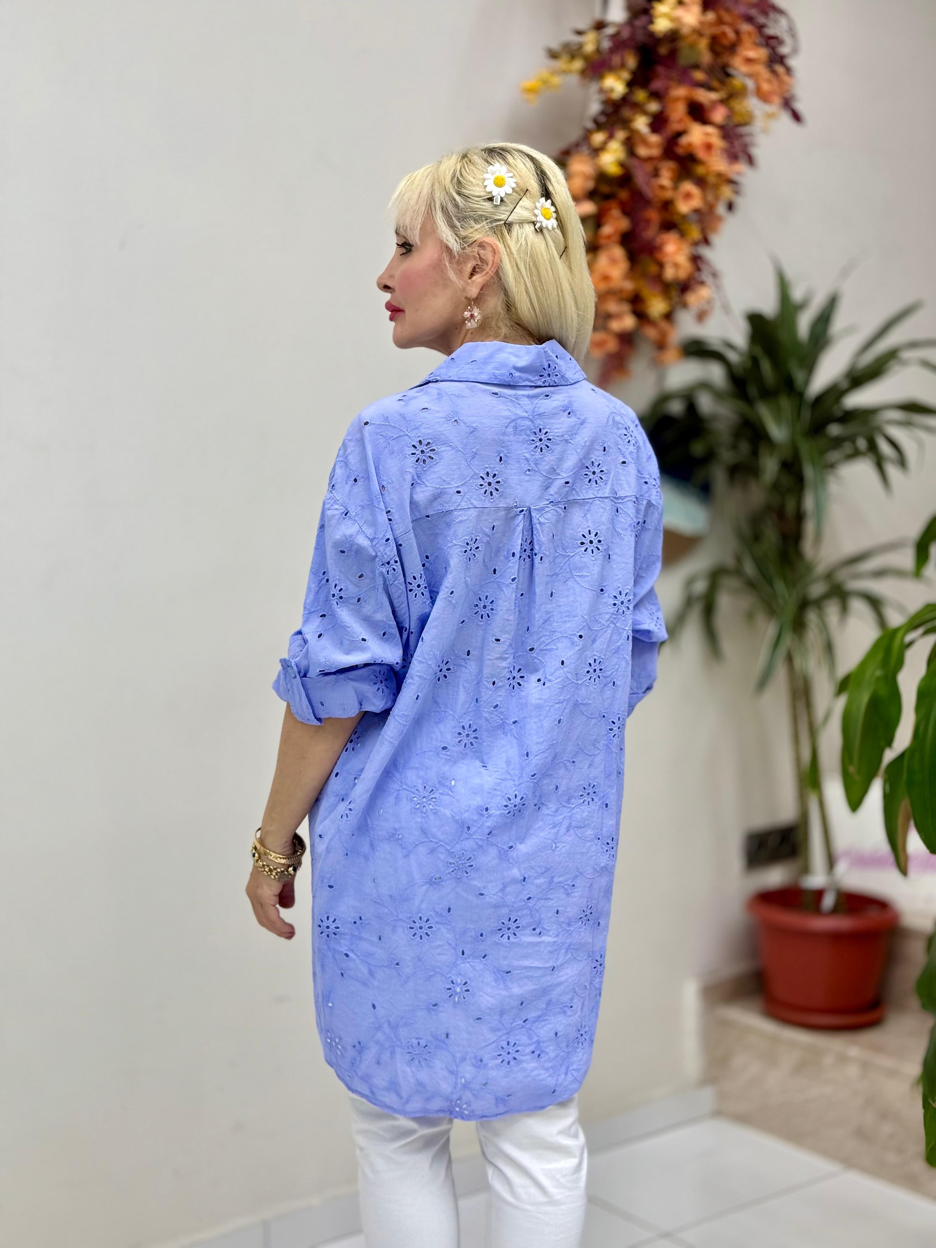YG1360 İtalyan Brodeli Tunik Gömlek Mavi