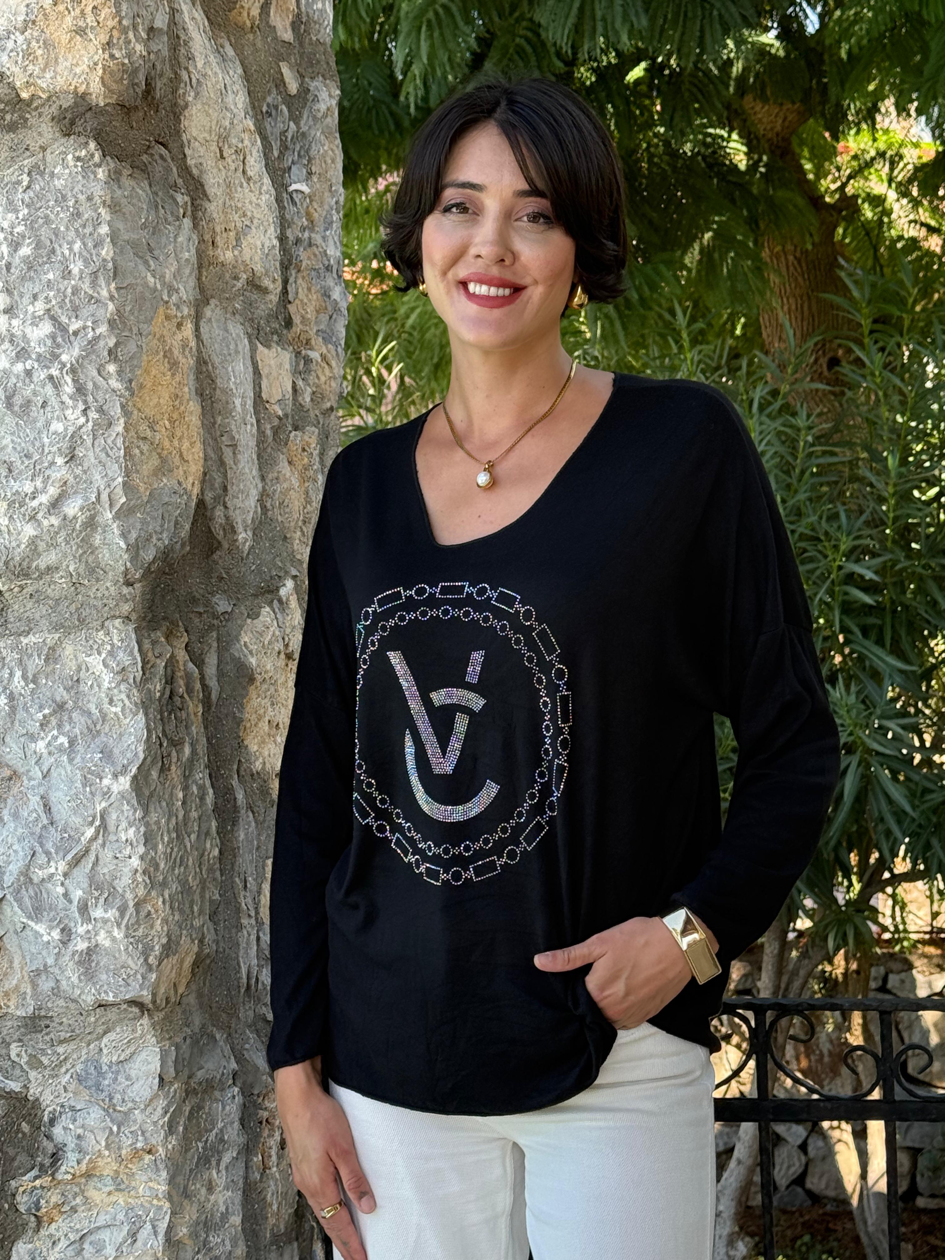 FXLS82681 İtalyan Taş Baskılı Triko Bluz Siyah