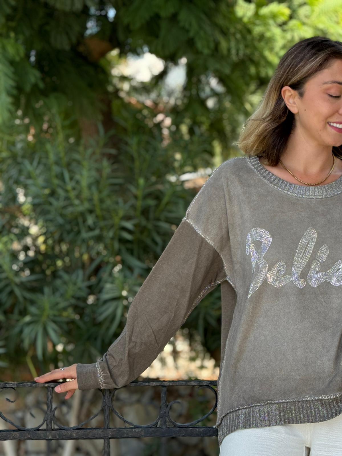 NC58939 İtalyan Believe Taşlı Sweatshirt Vizon
