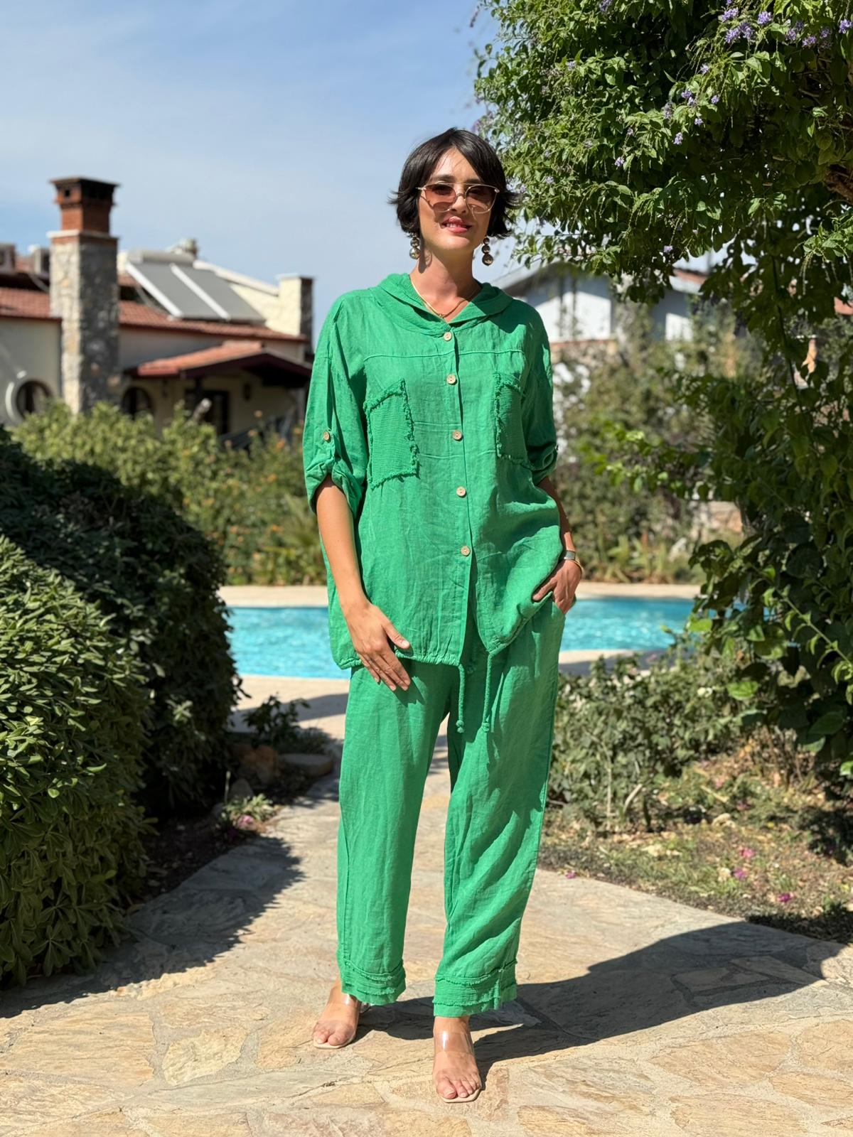 PT2256 İtalyan Önü Cepli Kapüşonlu Keten Takım Zümrüt