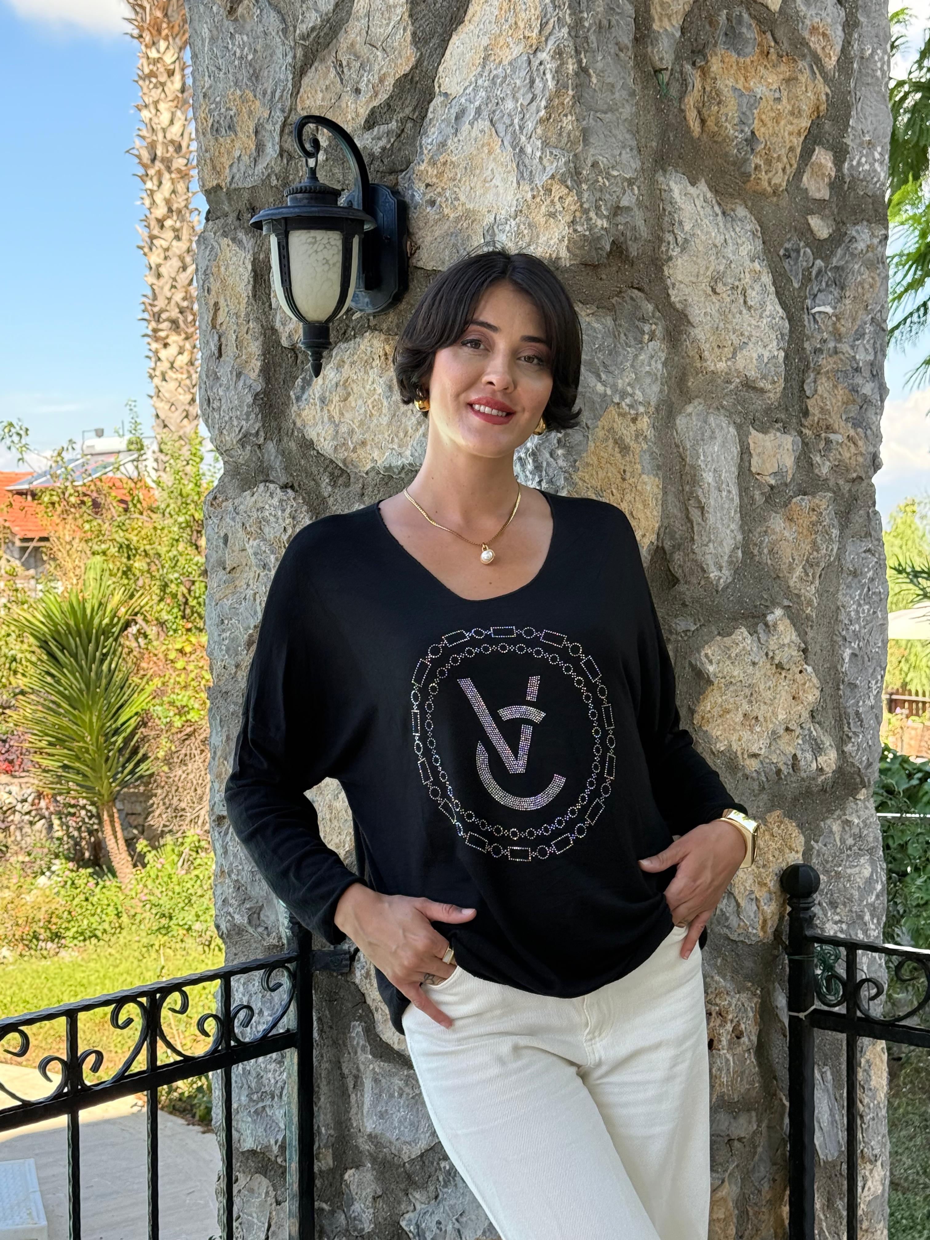 FXLS82681 İtalyan Taş Baskılı Triko Bluz Siyah